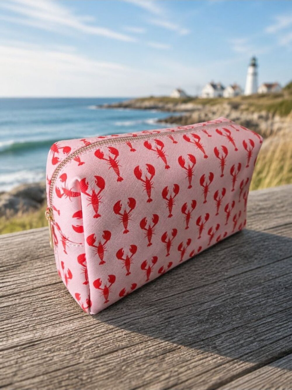 New Pink Red Nautical Coastal Lobster Cosmetic Bag Zipper Travel Makeup Case